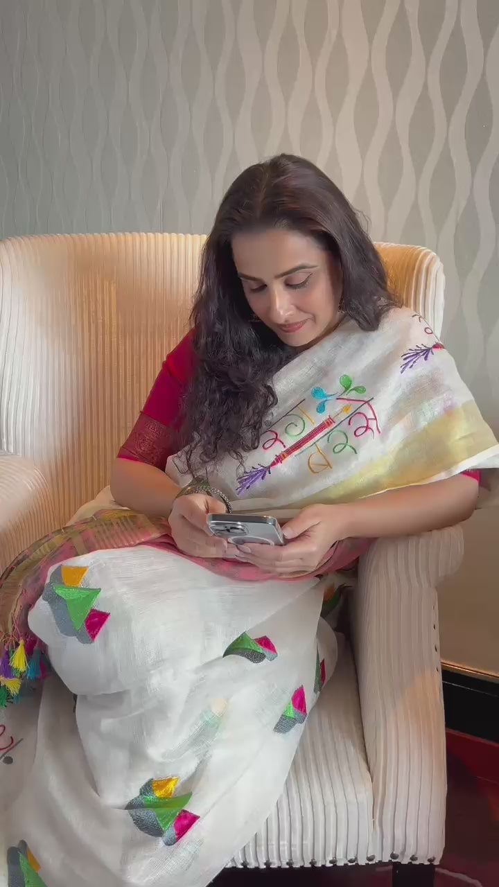 Rang Barse: Holi Theme Embroidered Linen Saree with Rang and Pichkari motifs! Vidya Balan Special Holi Saree