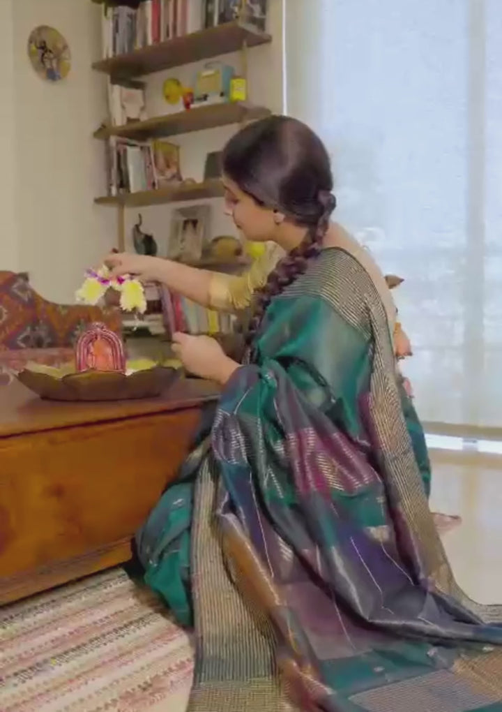 Peacock Green Ombre Handwoven Zari Stripes Maheshwari Silk Cotton Saree