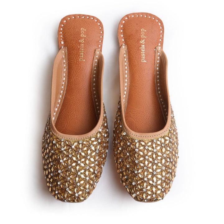 GOLDEN SYMPHONY Mustard Gold Crystal Punjabi Juttis