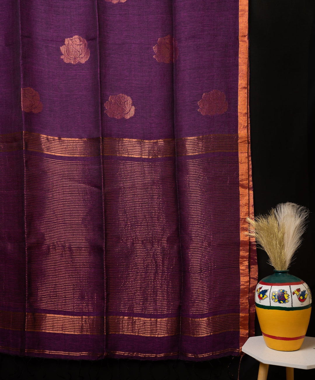 Purple Handwoven Linen Jamdhani Saree Orchid Love | SHOBITAM