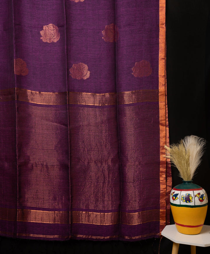 Purple Handwoven Linen Jamdhani Saree Orchid Love | SHOBITAM