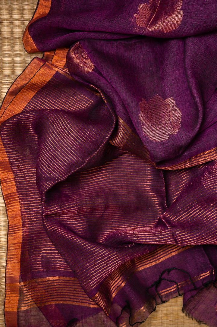 Purple Handwoven Linen Jamdhani Saree Orchid Love | SHOBITAM