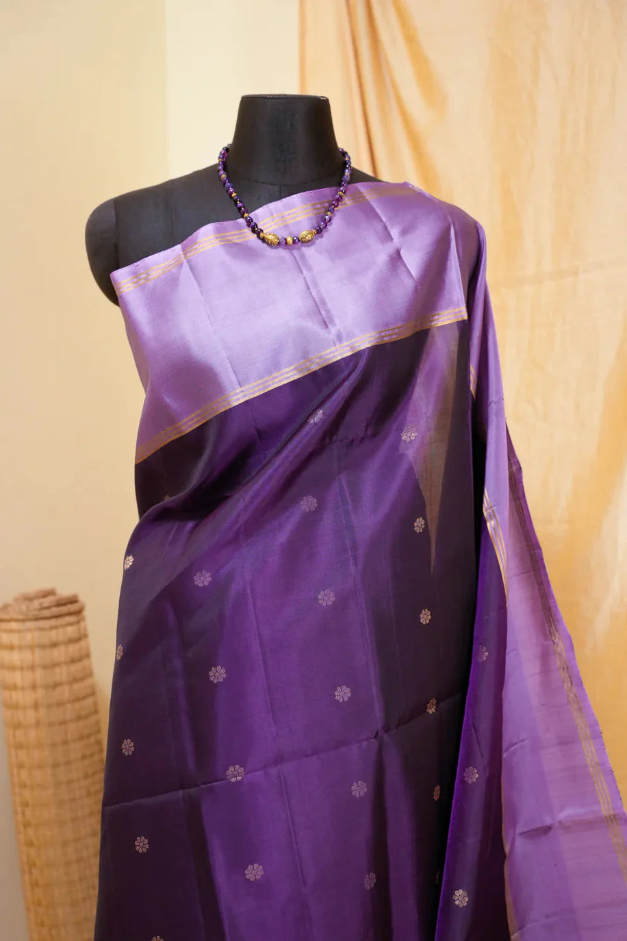 Purple Kanjivaram Soft Silk Handloom Saree with Floral Buttas and Lavender Border | SILK MARK CERTIFIED