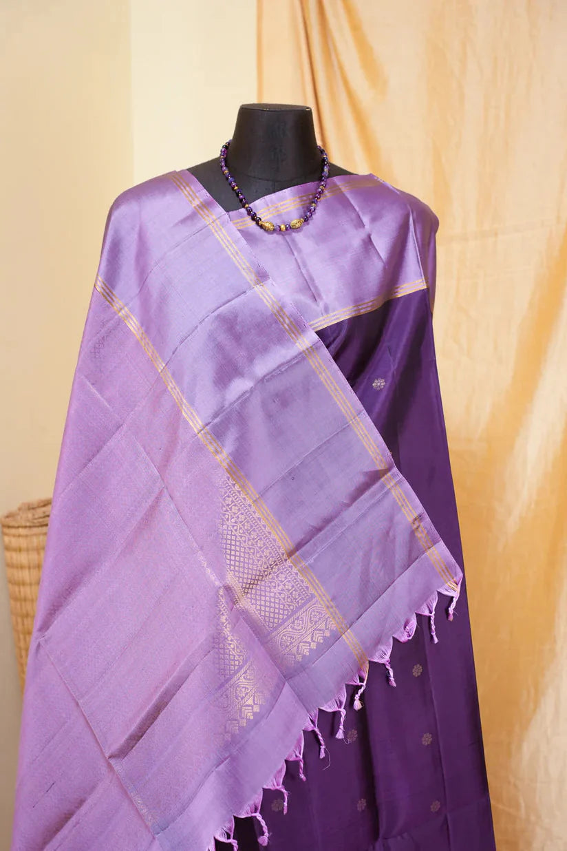 Purple Kanjivaram Soft Silk Handloom Saree with Floral Buttas and Lavender Border | SILK MARK CERTIFIED