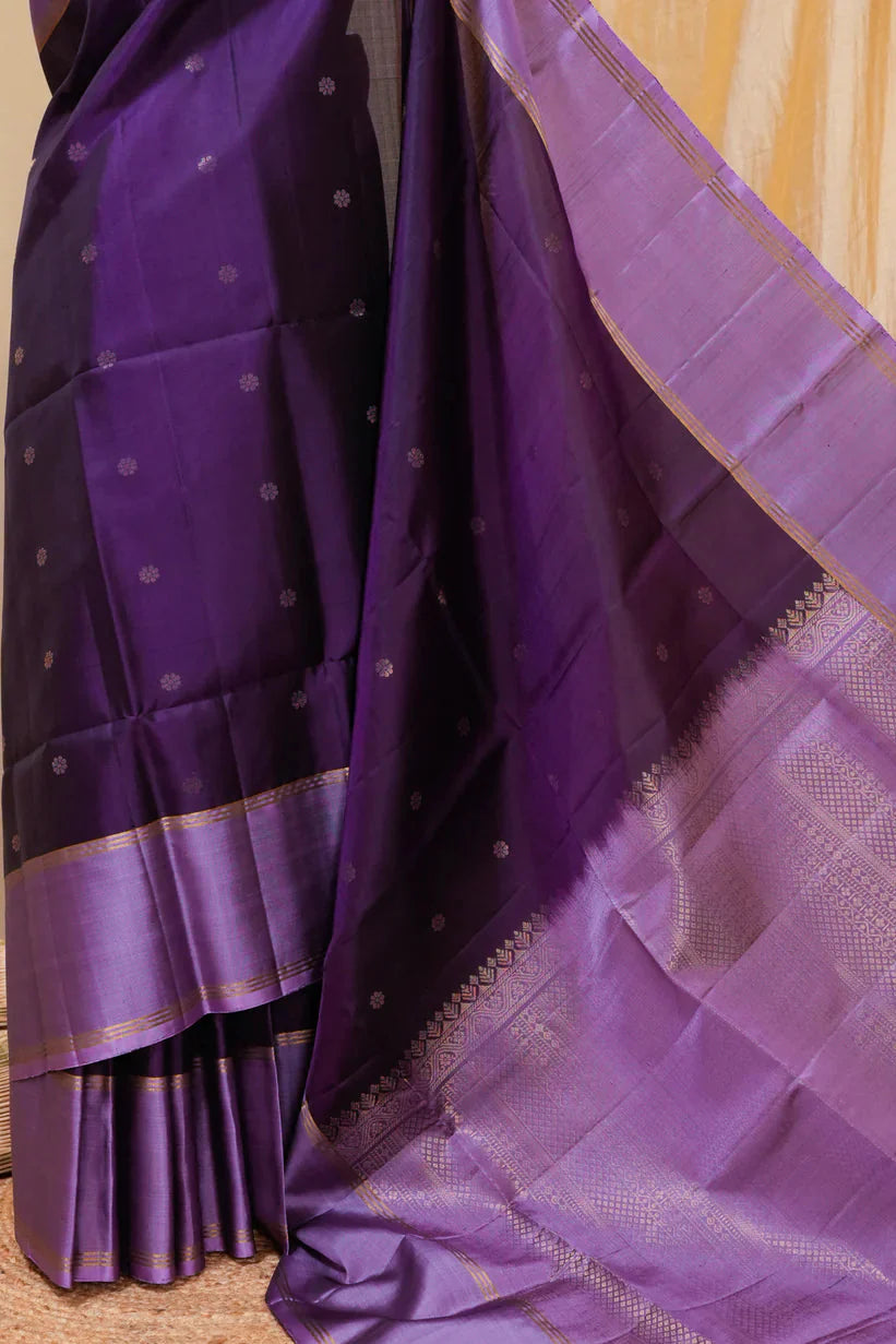 Purple Kanjivaram Soft Silk Handloom Saree with Floral Buttas and Lavender Border | SILK MARK CERTIFIED