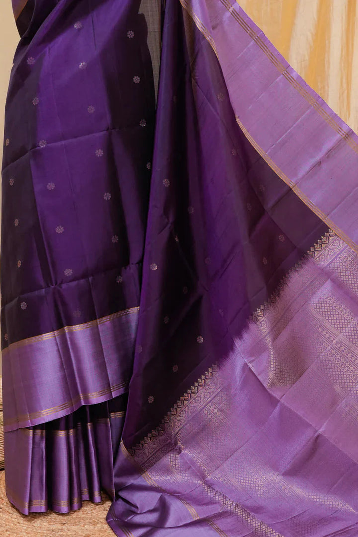 Purple Kanjivaram Soft Silk Handloom Saree with Floral Buttas and Lavender Border | SILK MARK CERTIFIED