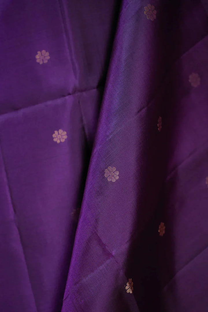 Purple Kanjivaram Soft Silk Handloom Saree with Floral Buttas and Lavender Border | SILK MARK CERTIFIED