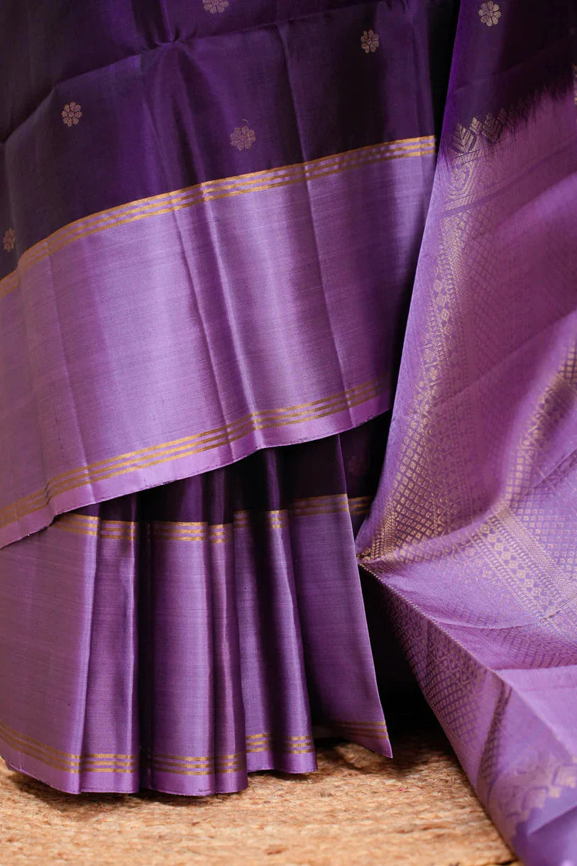 Purple Kanjivaram Soft Silk Handloom Saree with Floral Buttas and Lavender Border | SILK MARK CERTIFIED