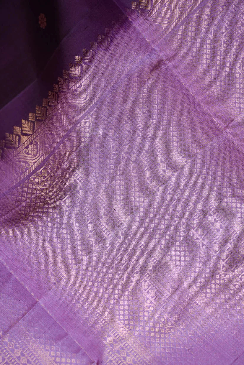 Purple Kanjivaram Soft Silk Handloom Saree with Floral Buttas and Lavender Border | SILK MARK CERTIFIED