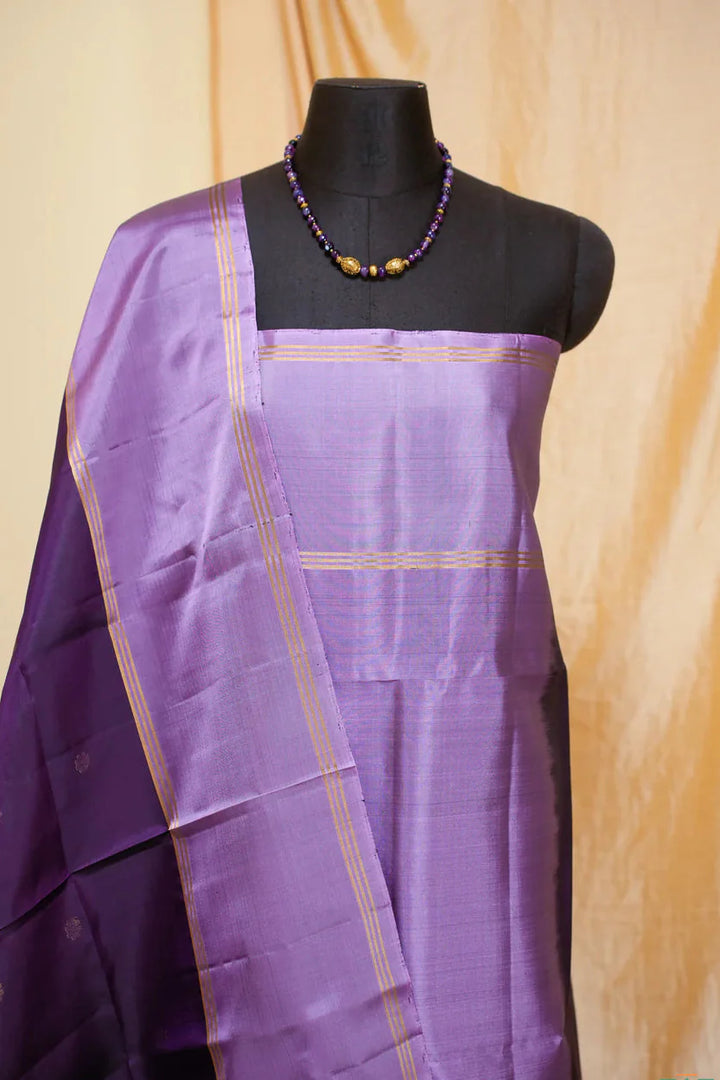 Purple Kanjivaram Soft Silk Handloom Saree with Floral Buttas and Lavender Border | SILK MARK CERTIFIED