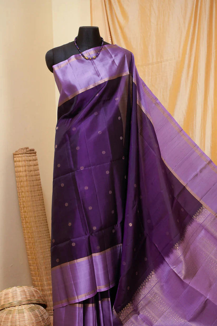 Purple Kanjivaram Soft Silk Handloom Saree with Floral Buttas and Lavender Border | SILK MARK CERTIFIED