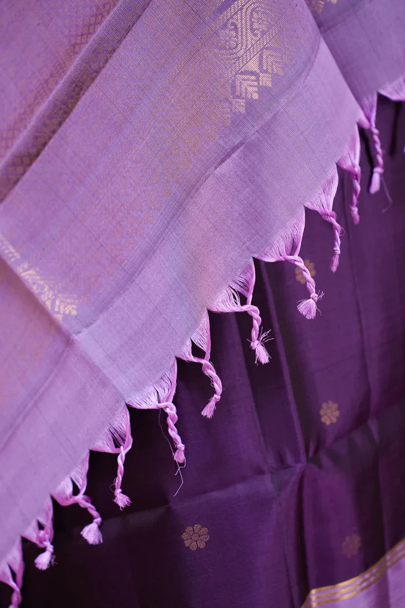 Purple Kanjivaram Soft Silk Handloom Saree with Floral Buttas and Lavender Border | SILK MARK CERTIFIED