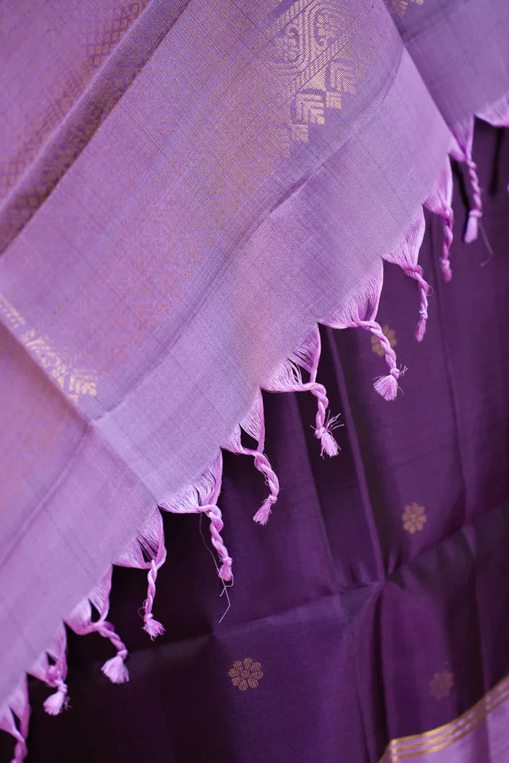 Purple Kanjivaram Soft Silk Handloom Saree with Floral Buttas and Lavender Border | SILK MARK CERTIFIED