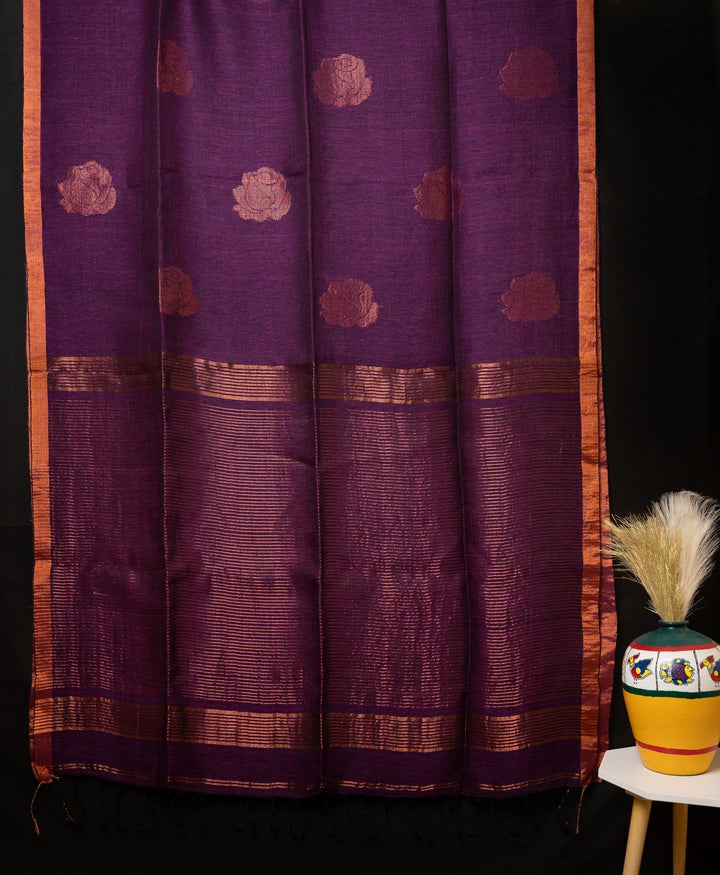 Purple Handwoven Linen Jamdhani Saree Orchid Love | SHOBITAM