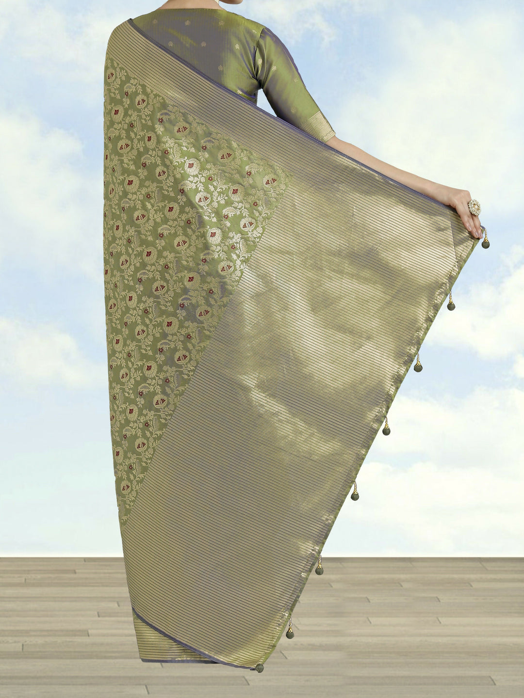 Banarasi Silk Olive jaal Pattern Saree | SHOBITAM