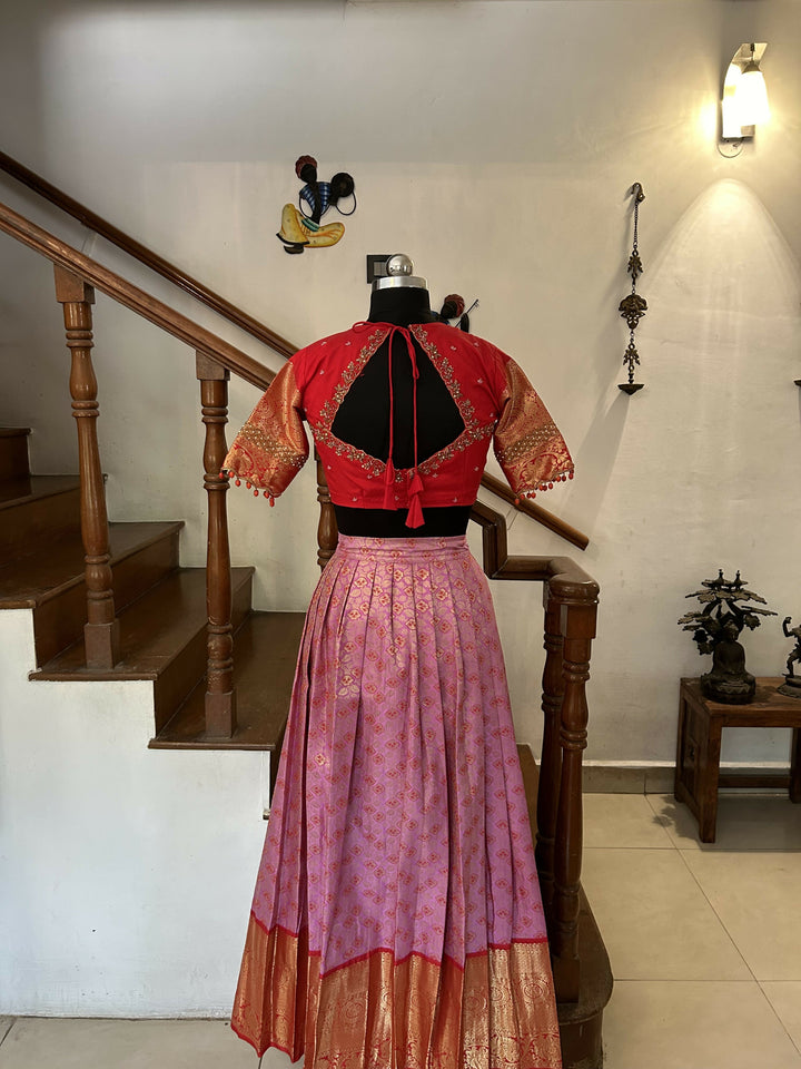Rose Pink Brocade Skirt With Red Blouse | SHOBITAM