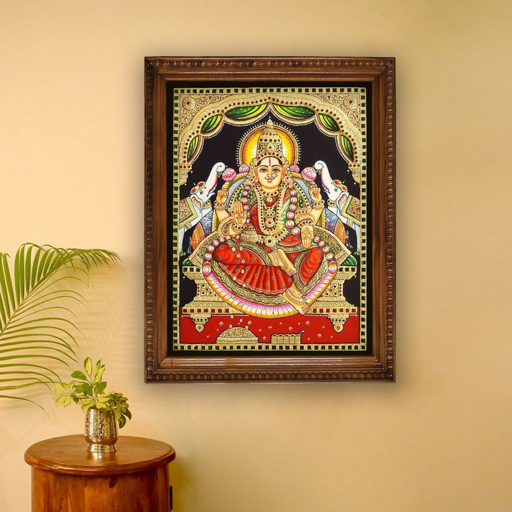 18*24 Authentic TANJORE PAINTING GAJA LAKSHMI With 22 Ct gold Foil and Jaipur Gemstones,Unframed | SHOBITAM
