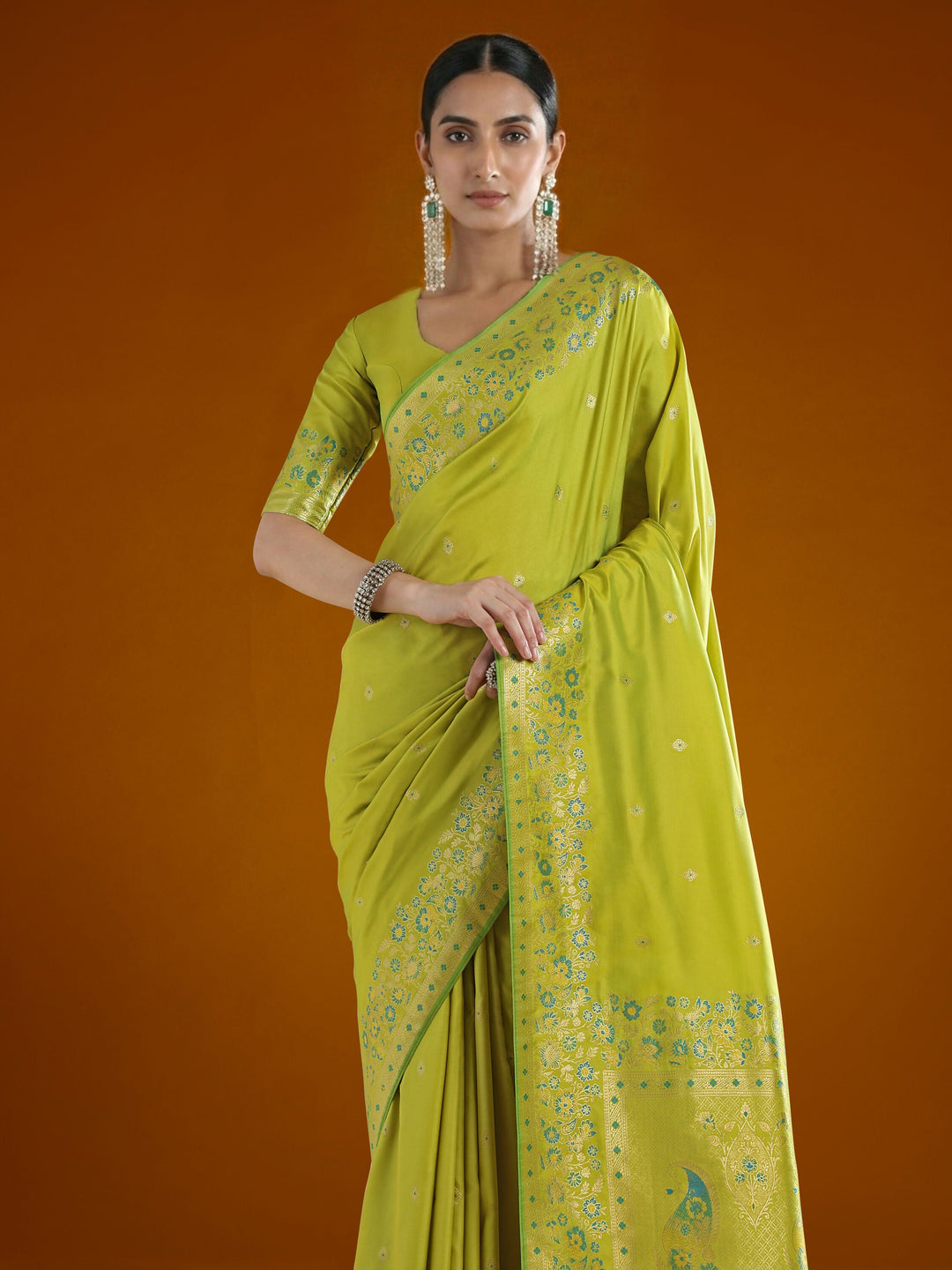 Pear Semi Banarasi Satin silk Saree With Zari Border And Butti Work | SHOBITAM