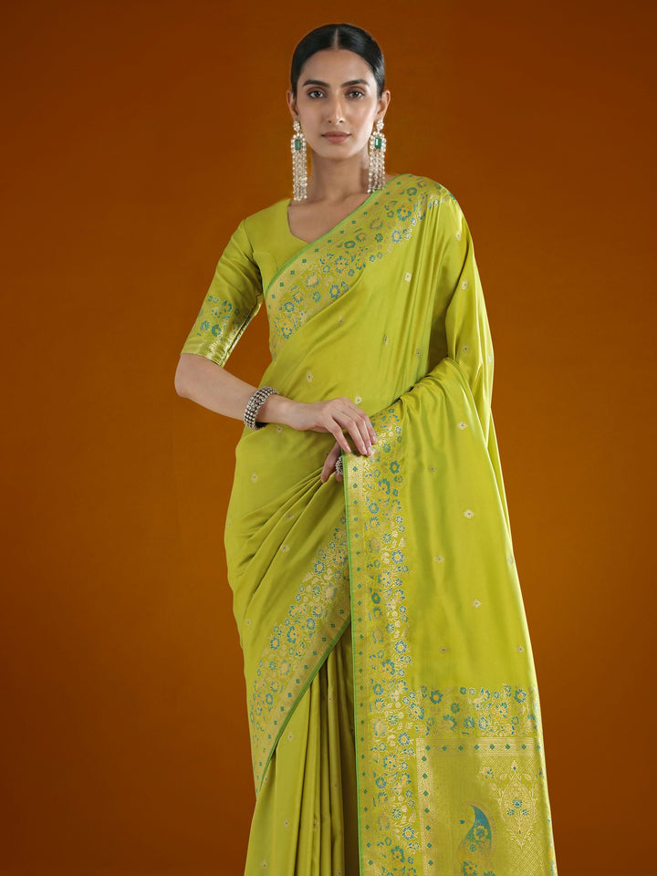 Pear Semi Banarasi Satin silk Saree With Zari Border And Butti Work | SHOBITAM