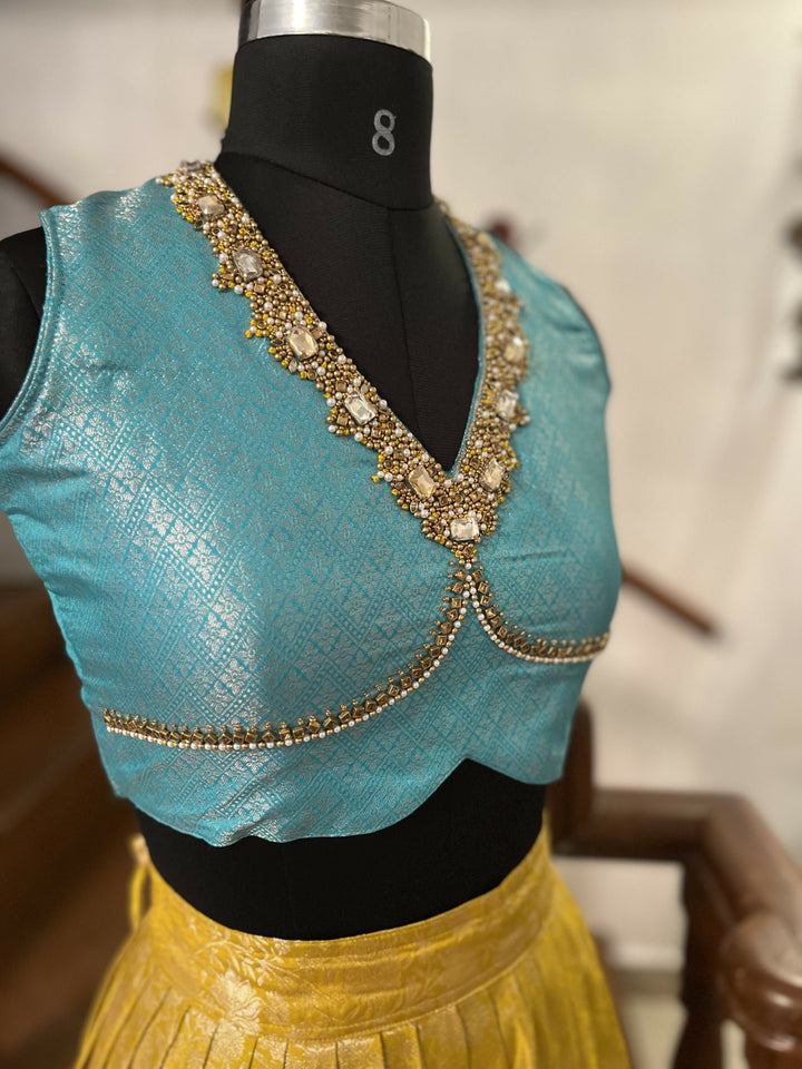 Mustard, yellow with Aqua blue Semi Kanchi lehanga Set