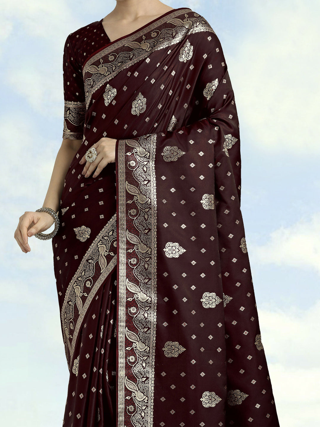 Maroon Woven Banarasi Satin Silk Saree | SHOBITAM