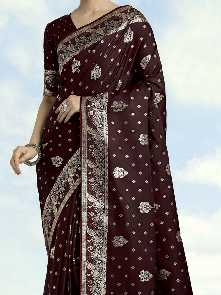 Maroon Woven Banarasi Satin Silk Saree | SHOBITAM