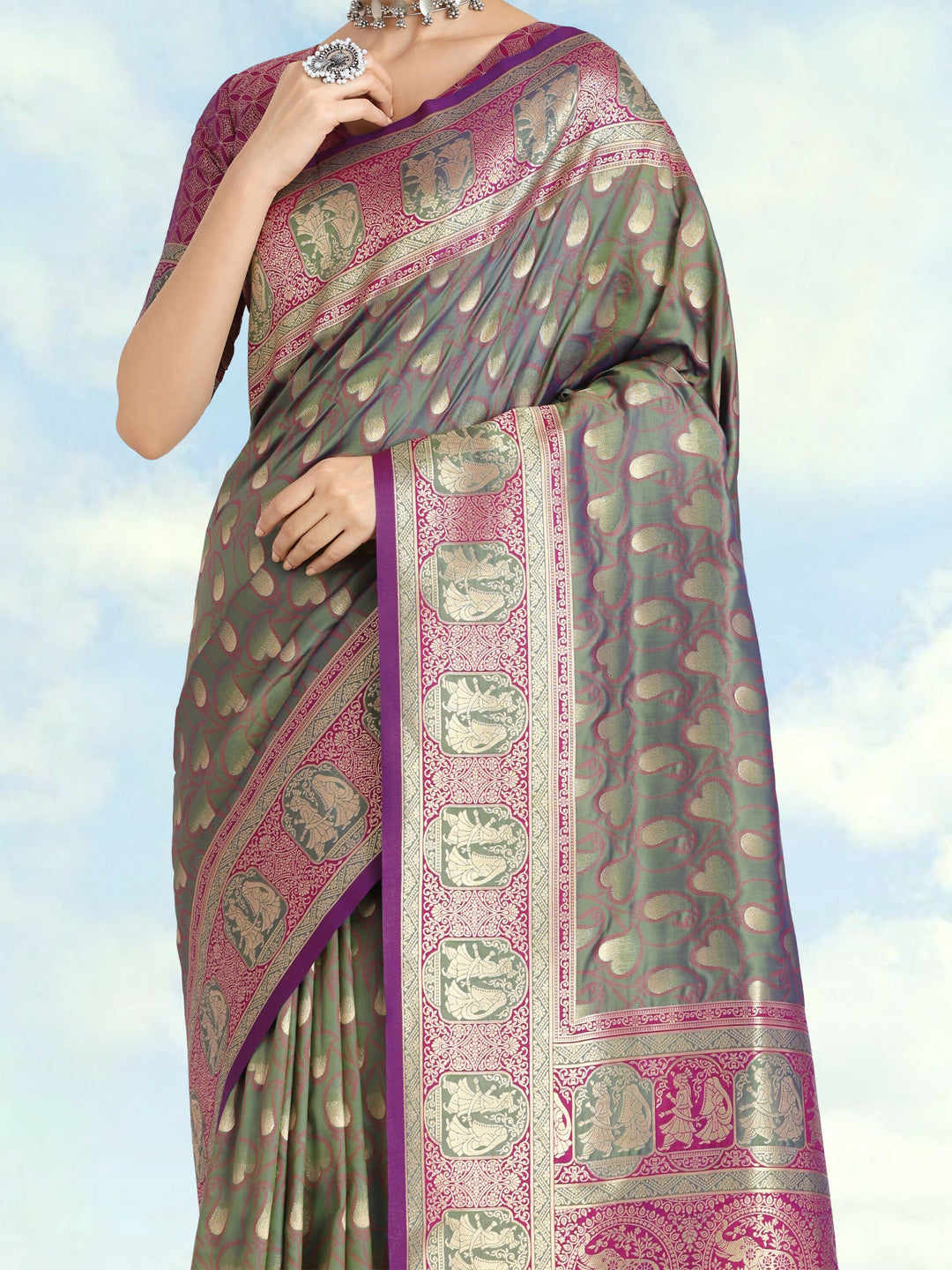 Olive Green Color Weaving Semi Banarasi Silk Saree| SHOBITAM
