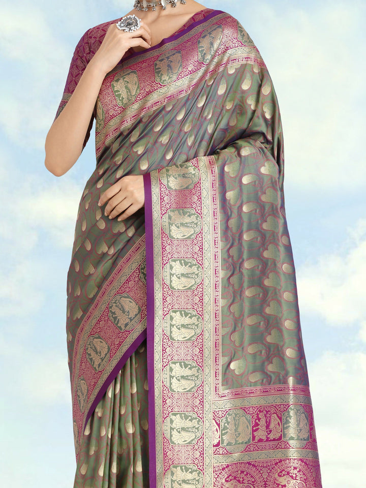 Olive Green Color Weaving Semi Banarasi Silk Saree| SHOBITAM