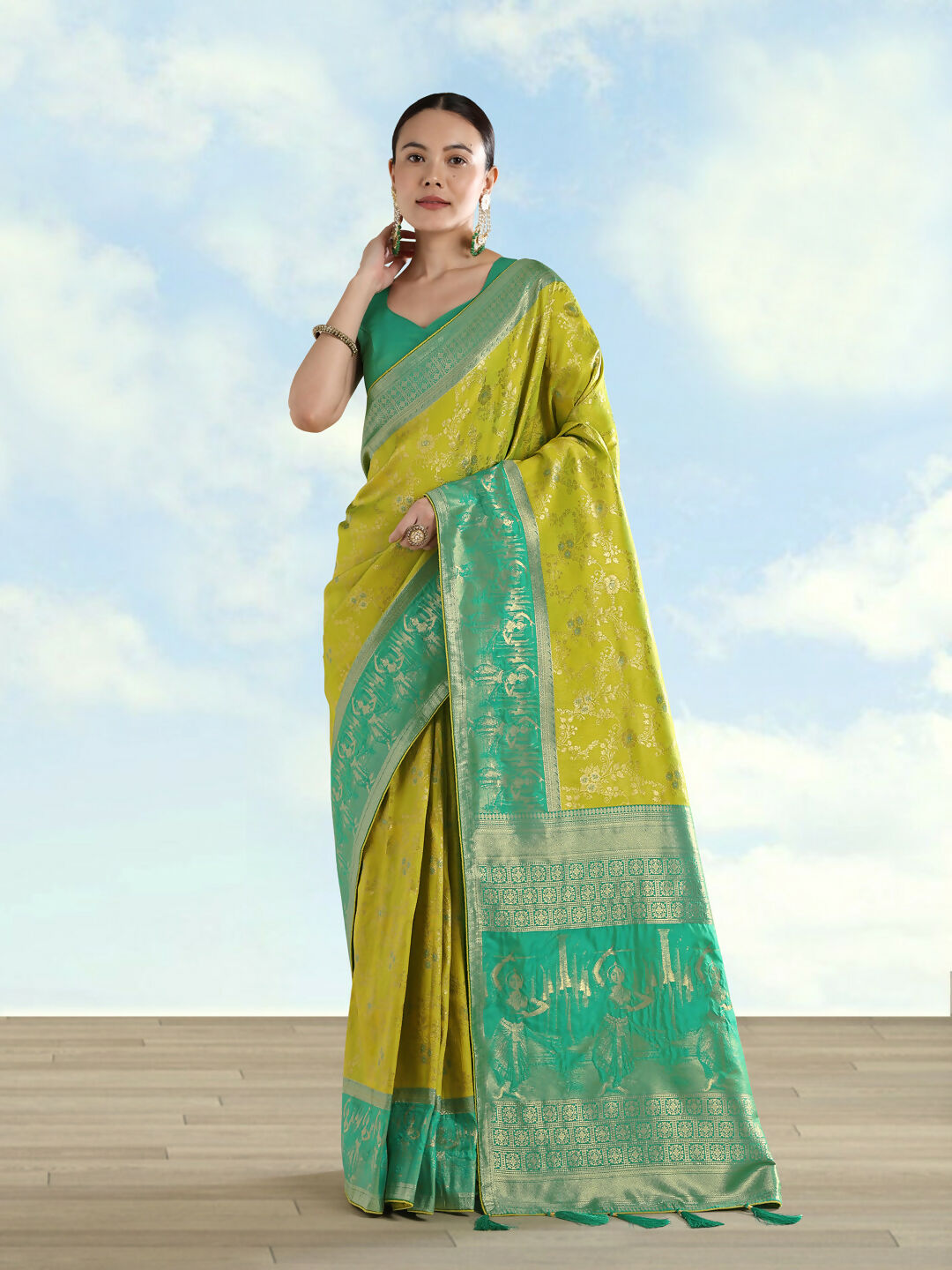 Pear Banarasi Semi Silk Saree With Zari Woven Design | SHOBITAM