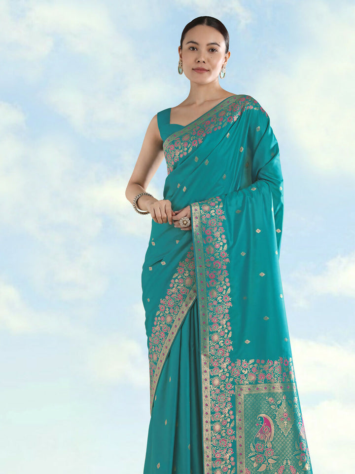 Turquoise Semi Banarasi Satin silk Saree With Zari Border And Butti Work | SHOBITAM