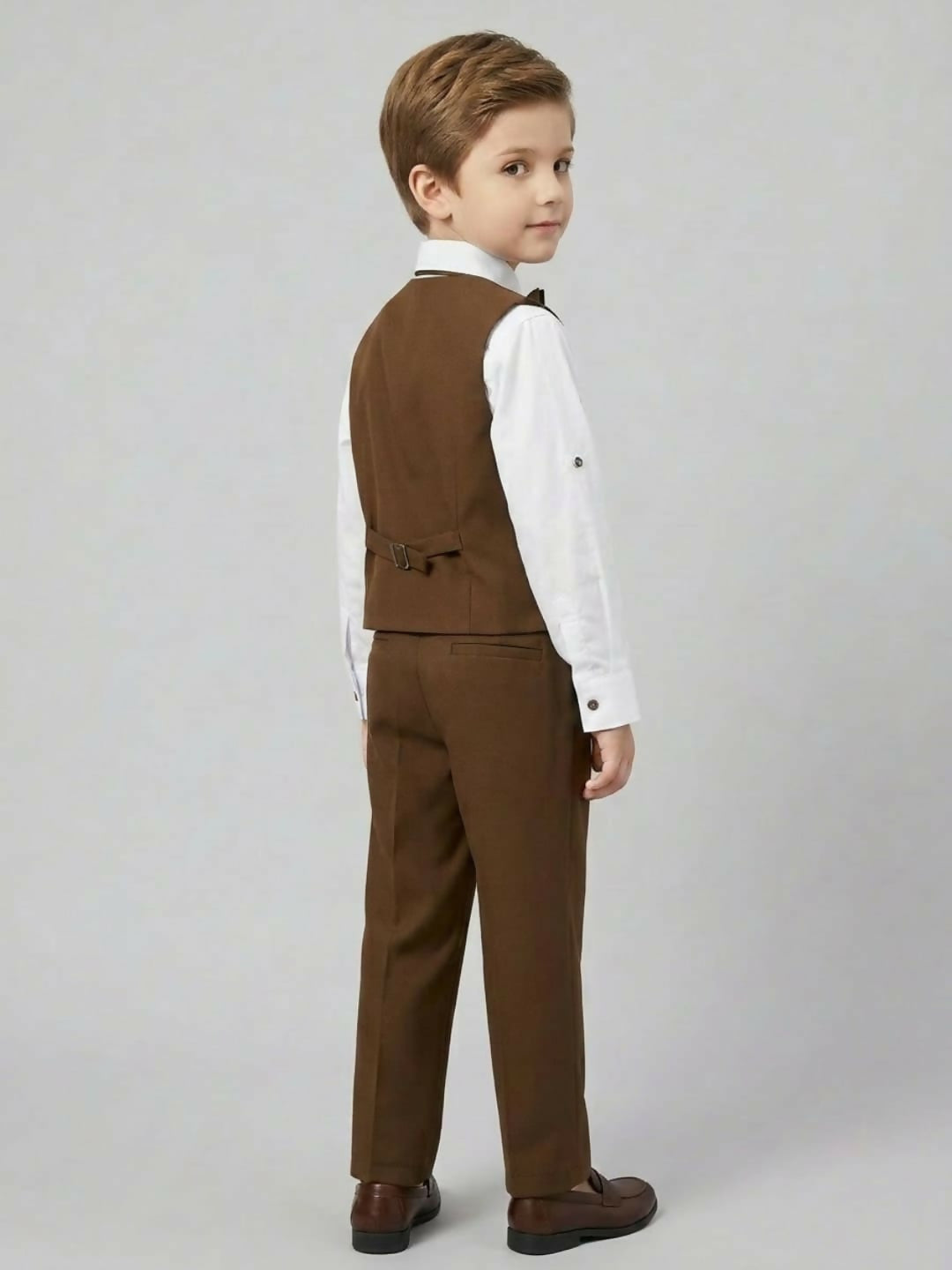 Boys Formal Brown Waistcoat Suit Set with Shirt, Trousers and Bow Tie | SHOBITAM