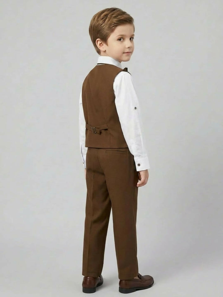 Boys Formal Brown Waistcoat Suit Set with Shirt, Trousers and Bow Tie | SHOBITAM