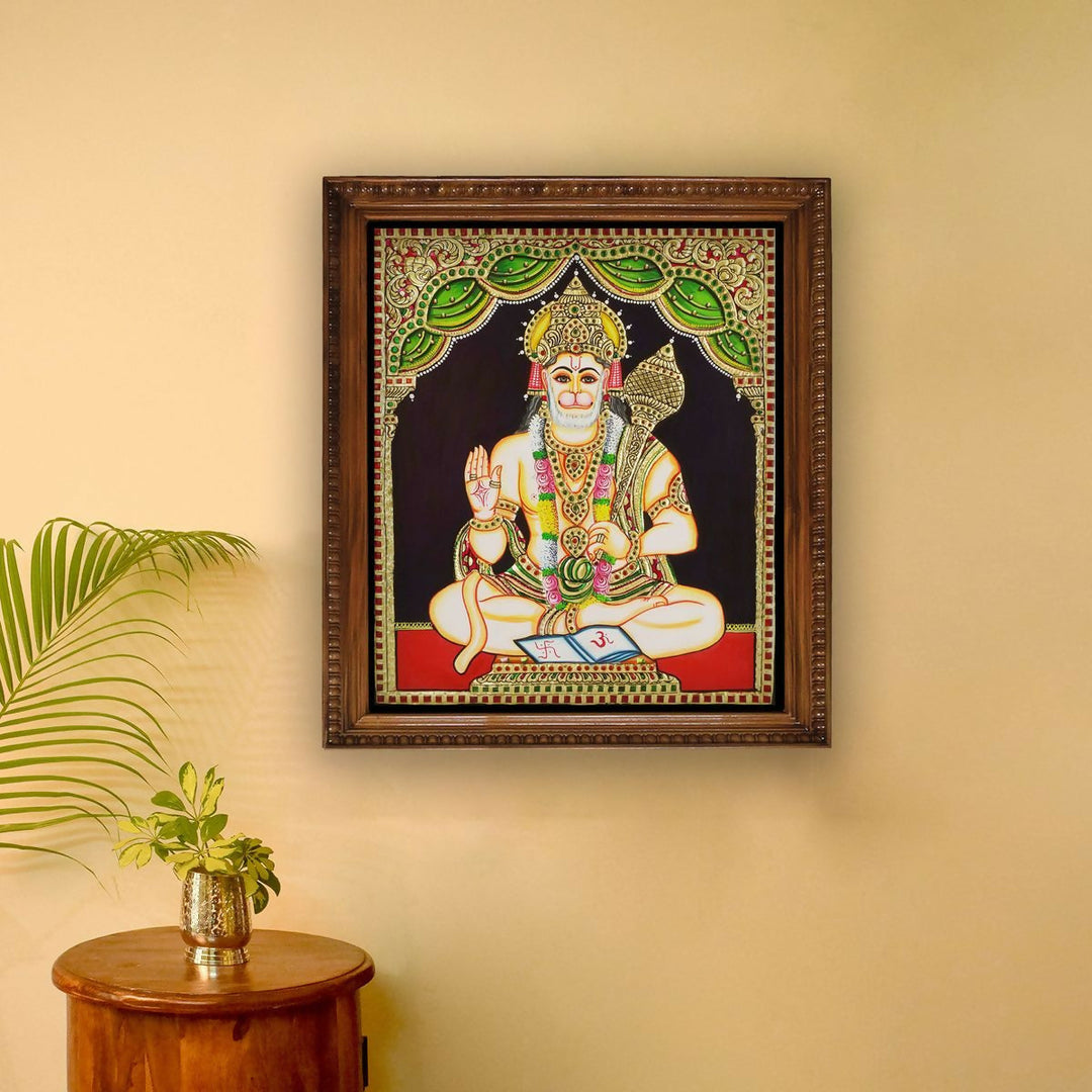 12*15 TANJORE PAINTING HANUMAN SITTING Authentic With 22 Ct Gold Foil and Jaipur Gemstones,Unframed | SHOBITAM