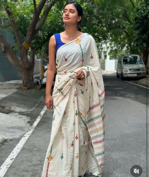 Ivory Kantha Stitch Embroidery Cotton Saree | SHOBITAM