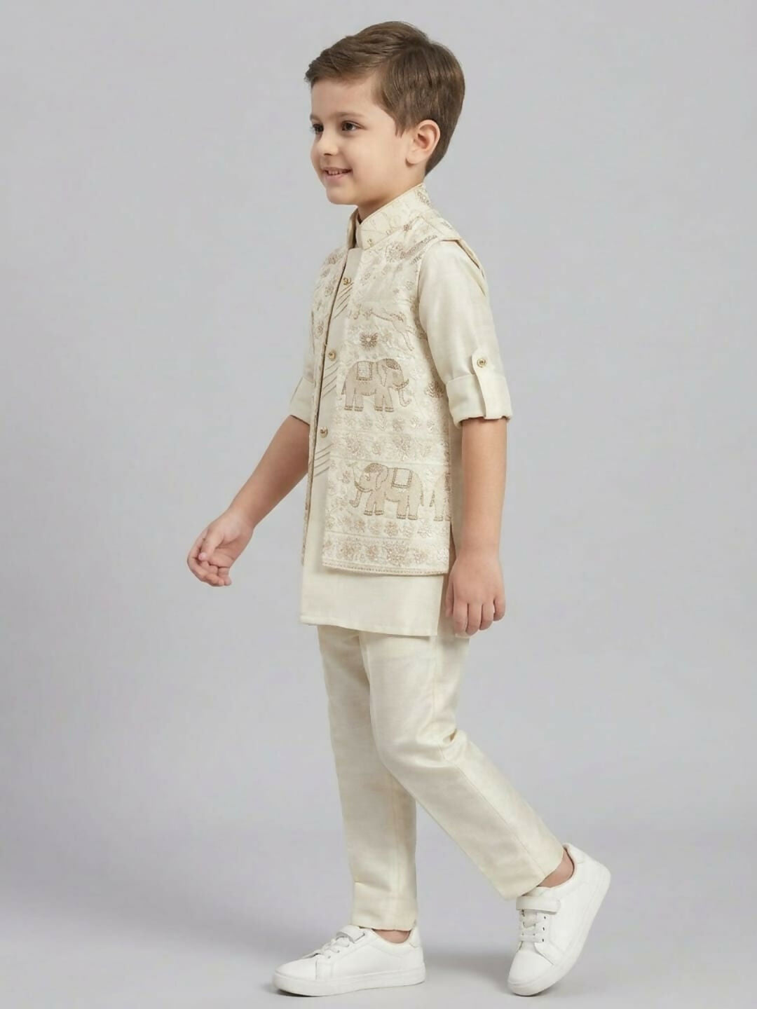 Boys Off White Kurta Pajama Set with Embroidered Ethnic Jacket | SHOBITAM
