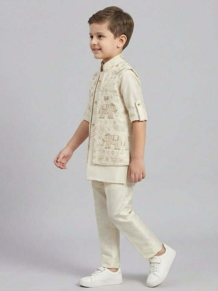 Boys Off White Kurta Pajama Set with Embroidered Ethnic Jacket | SHOBITAM