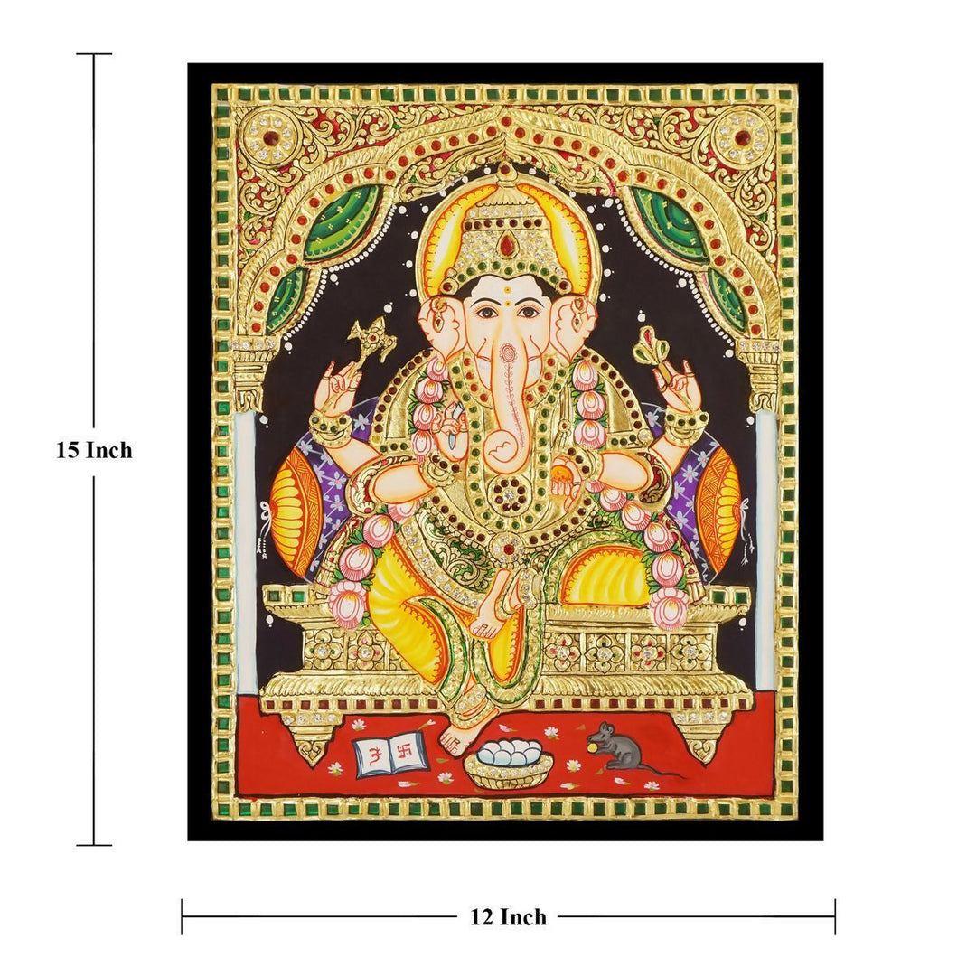 12*15 TANJORE PAINTING Lord Ganesha Authentic With 22 Ct Gold Foil and Jaipur Gemstones,Unframed | SHOBITAM