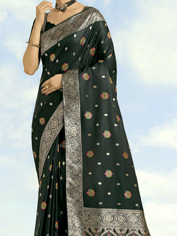 Dark Green Banarasi Zari Woven Satin Silk Saree | SHOBITAM