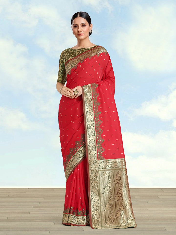 Semi Banarasi Silk Red Color Weaving Saree| SHOBITAM