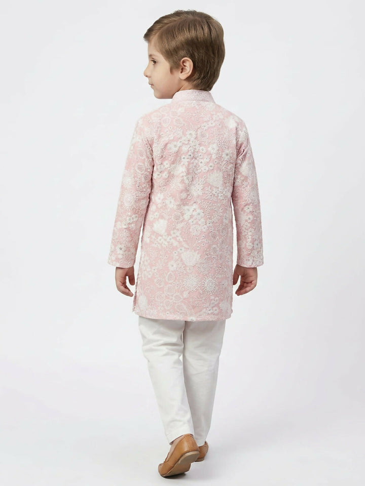 Boys Embroidered Light Pink Kurta Pajama Set | SHOBITAM