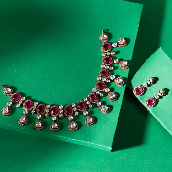 Pure 92.5 Silver, Victorian Necklace set With Pink and White Stones