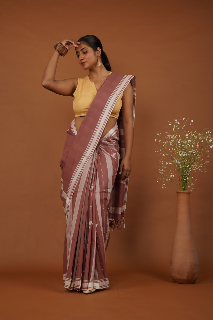 Flying Bird Handwoven Bawan Buti Terrocota Rose Cotton Saree | SHOBITAM