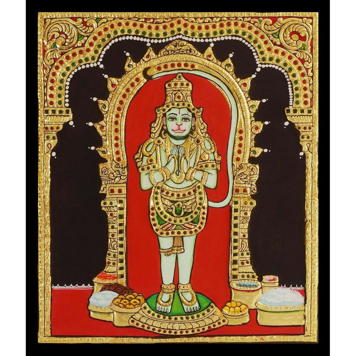 12*10 TANJORE PAINTING HANUMAN STANDING Authentic With 22 Ct Gold Foil and Jaipur Gemstones,Unframed | SHOBITAM