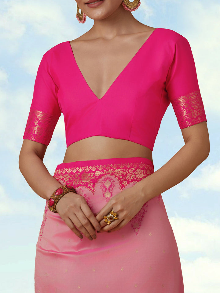 Light Pink Semi Banarasi Silk Blend Saree with Zari Woven Work | SHOBITAM