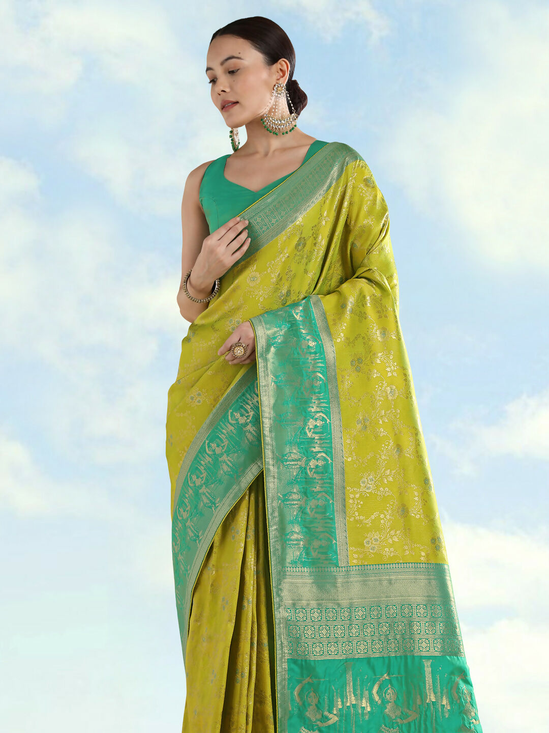 Pear Banarasi Semi Silk Saree With Zari Woven Design | SHOBITAM