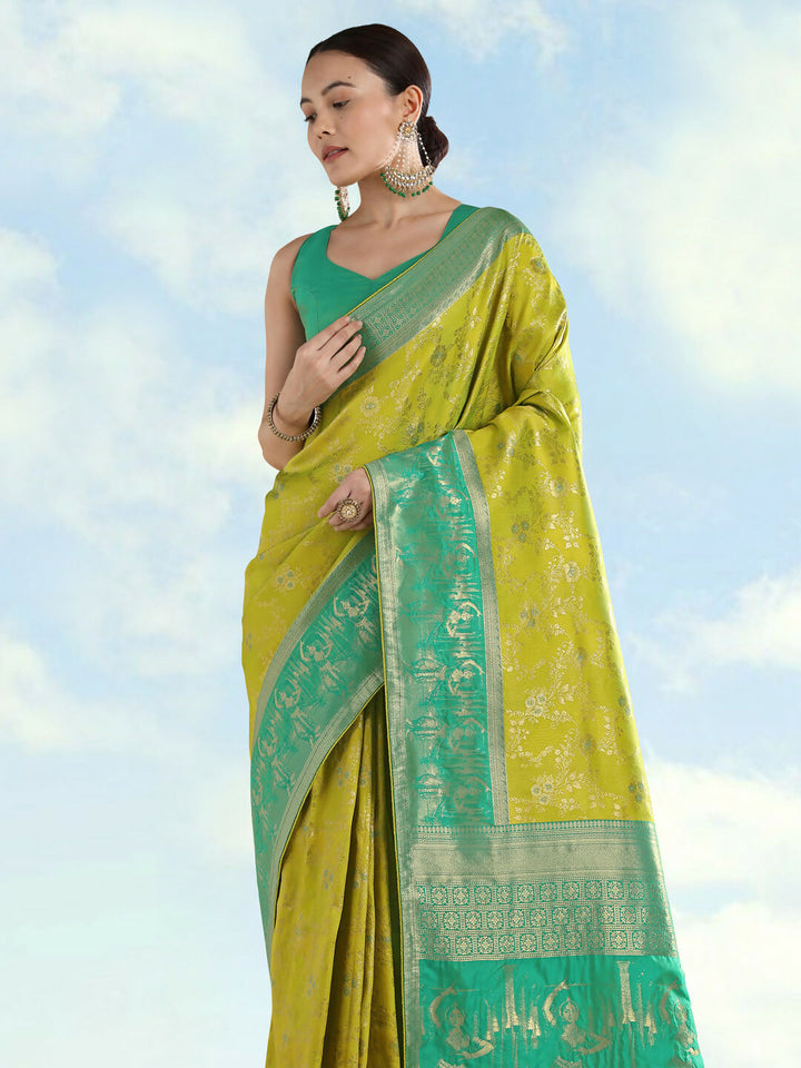 Pear Banarasi Semi Silk Saree With Zari Woven Design | SHOBITAM