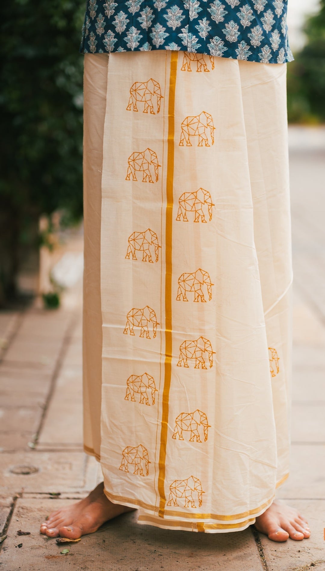 Quirky Elephant Handblock Mens Dhoti OruAana | SHOBITAM