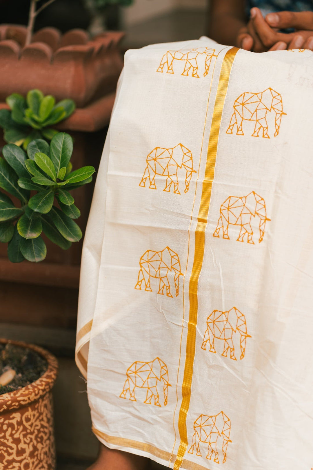 Quirky Elephant Handblock Mens Dhoti OruAana | SHOBITAM