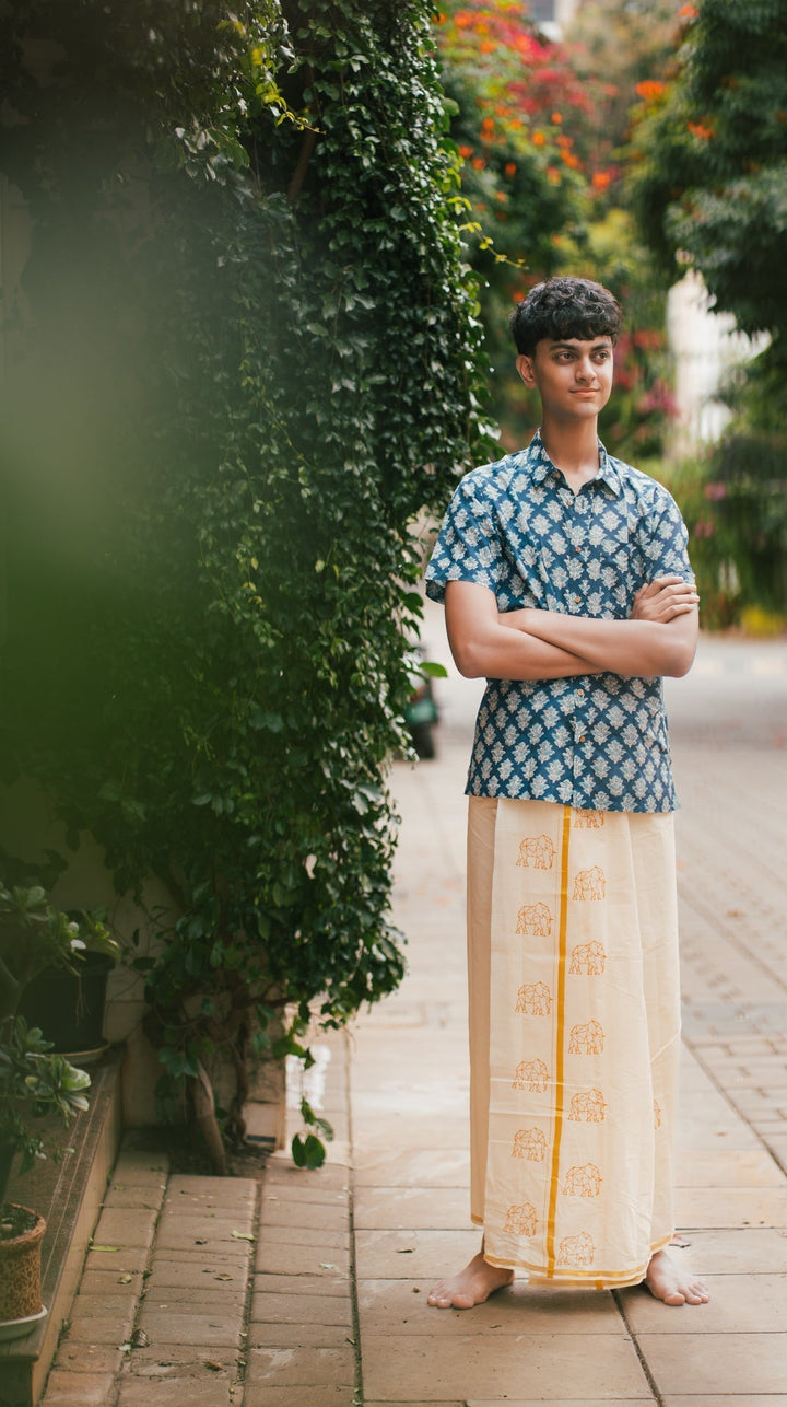 Quirky Elephant Handblock Mens Dhoti OruAana | SHOBITAM