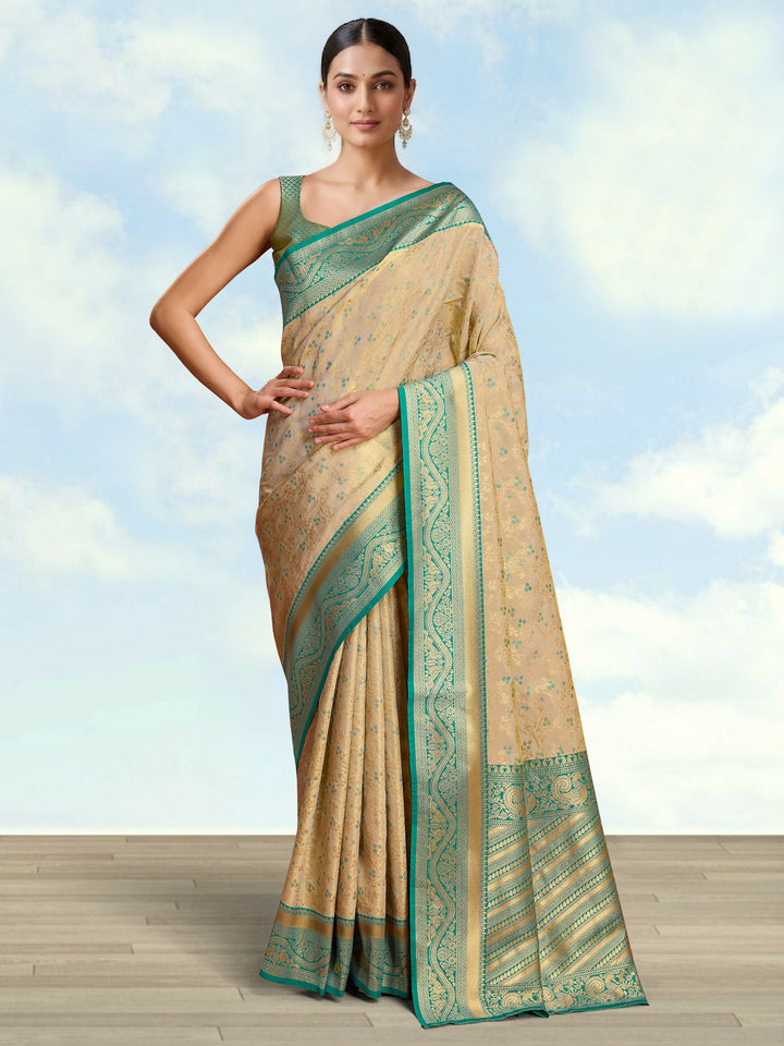 Beige Color Zari Woven Faux Banarasi Tissue Silk Saree | SHOBITAM